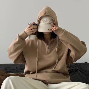 Khaki Oversized Half-Zip Hoodie